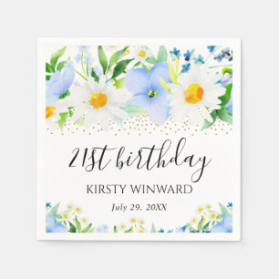 Wasserfarbene blaue Blumen und Gänseblümchen Gebur Serviette
