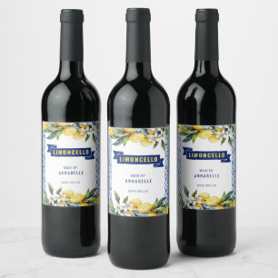 Wasserfarbene blaue Fliesen Zitronen Limocello Weinetikett
