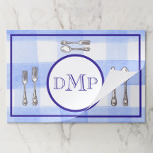 Wasserfarbene blaue Karo-Monogramm-Papier-Unterlag