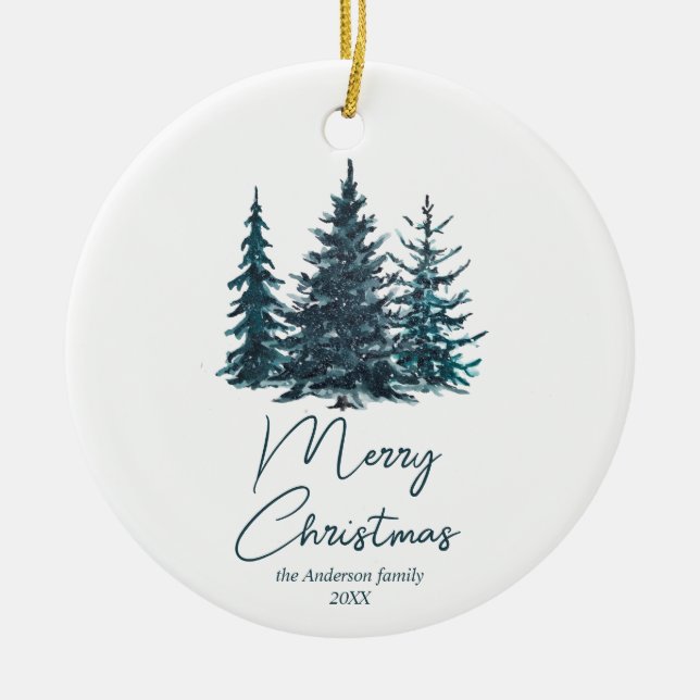 Wasserfarbene blaue Pinienbäume Frohe Weihnachten Keramik Ornament (Vorne)