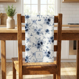 Wasserfarbene blaue Rosen mit Monogramm  Geschirrtuch