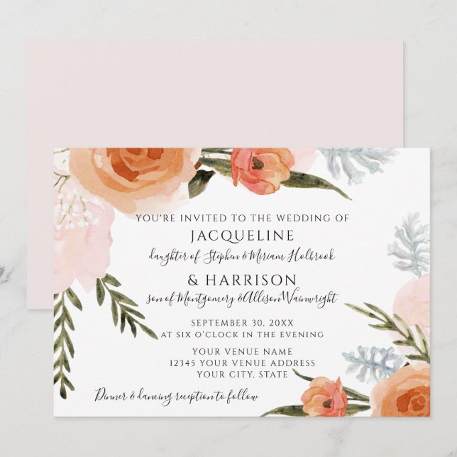 Wasserfarbene Blume Blush Peach Foliage Hochzeit Einladung (Vorne/Hinten)
