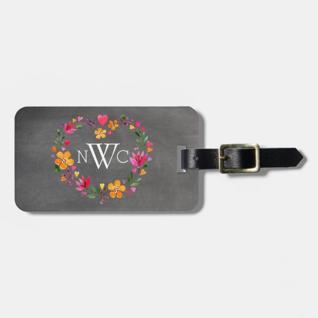 Wasserfarbene Blume Herzkranz | Kalkboard grau Gepäckanhänger (Vorderseite horizontal)