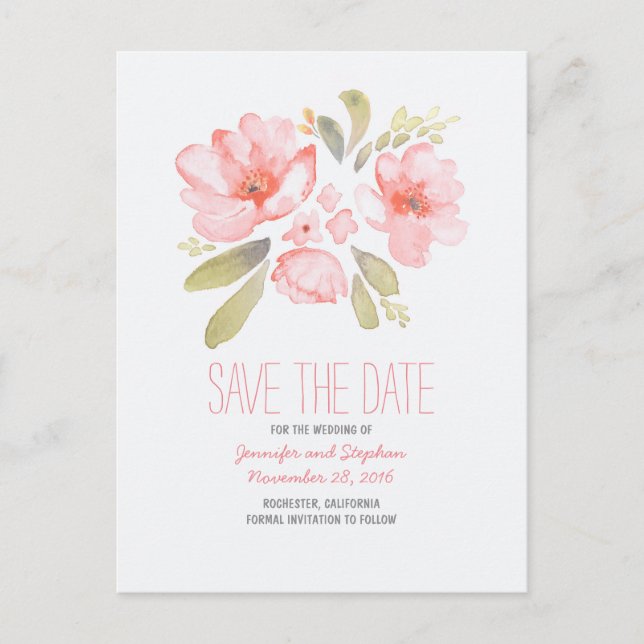 Wasserfarbene Blume Save the Date romantisch Ankündigungspostkarte (Vorderseite)