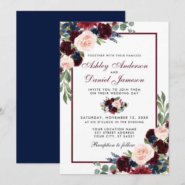 Wasserfarbene Blumen Burgundy Blaue Hochzeit Einladung (Vorne/Hinten)