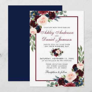 Wasserfarbene Blumen Burgundy Blaue Hochzeit Einladung