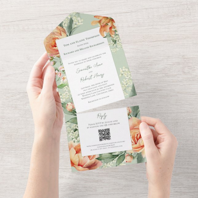 Wasserfarbene Blumen Elegante Hochzeit All In One Einladung (Abreißen)