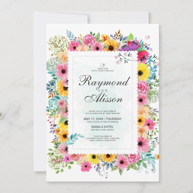 Wasserfarbene Blumen Elegante Hochzeit Einladung (Vorderseite)