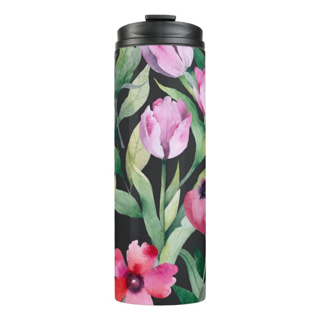 Wasserfarbene Blüten, nahtlos schönes Muster. Thermosbecher (Vorderseite)