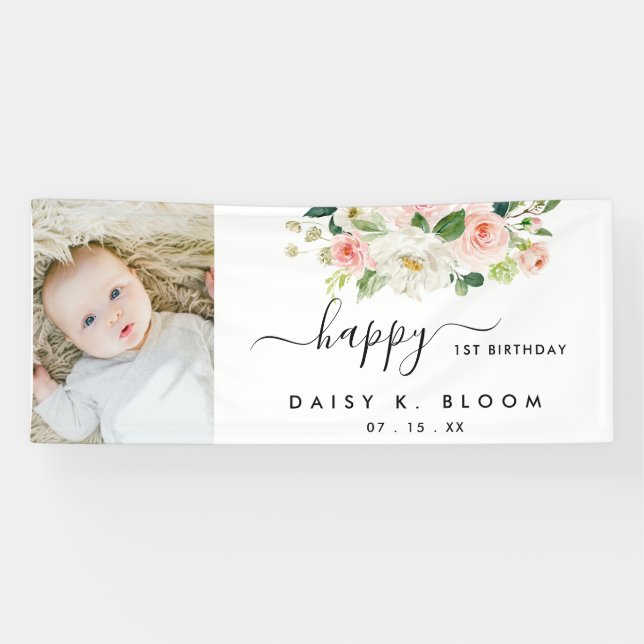 Wasserfarbene Blütenmädchen Foto Geburtstag Banner (Horizontal)