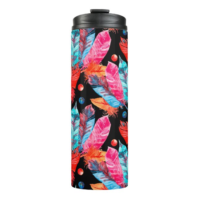 Wasserfarbene bunte Federn Muster Thermosbecher (Vorderseite)
