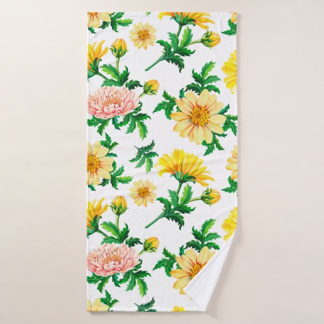Wasserfarbene Chrysanthemen. Gelbe Blumen mit Gras Badehandtuch (Badehandtuch)