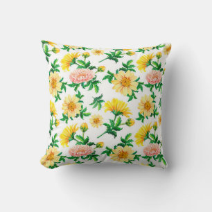 Wasserfarbene Chrysanthemen. Gelbe Blumen mit Gras Kissen