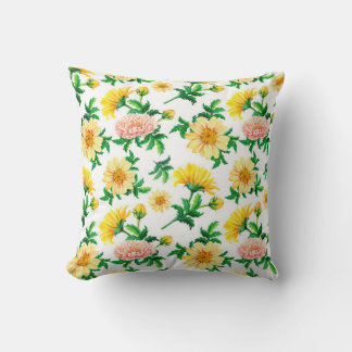 Wasserfarbene Chrysanthemen. Gelbe Blumen mit Gras Kissen