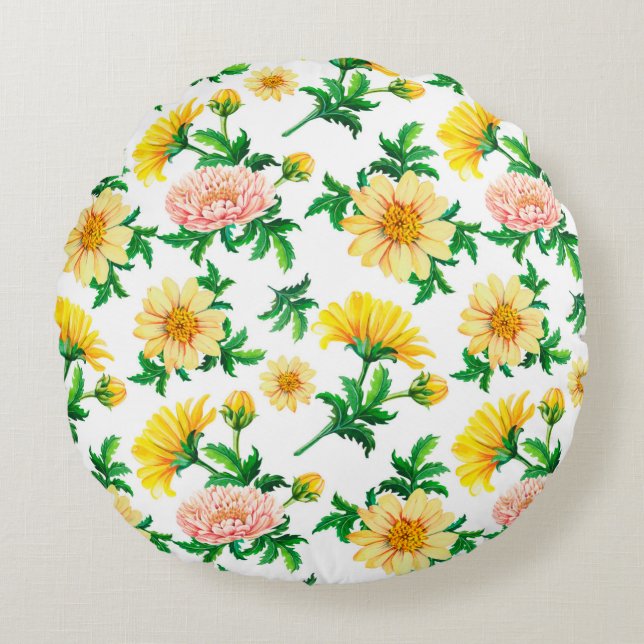 Wasserfarbene Chrysanthemen. Gelbe Blumen mit Gras Rundes Kissen (Vorderseite)