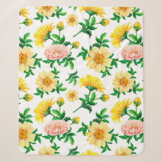 Wasserfarbene Chrysanthemen. Gelbe Blumen mit Gras Sherpadecke