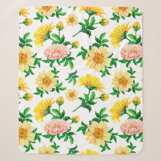 Wasserfarbene Chrysanthemen. Gelbe Blumen mit Gras Sherpadecke (Vorderseite)