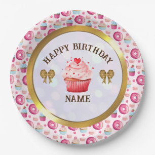 Wasserfarbene Donut- und Cupcake-Happy-Birthday-Pa Pappteller