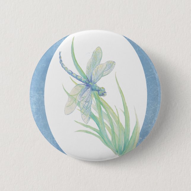 Wasserfarbene Dragonfly in Blue & Green Nature Art Button (Vorderseite)