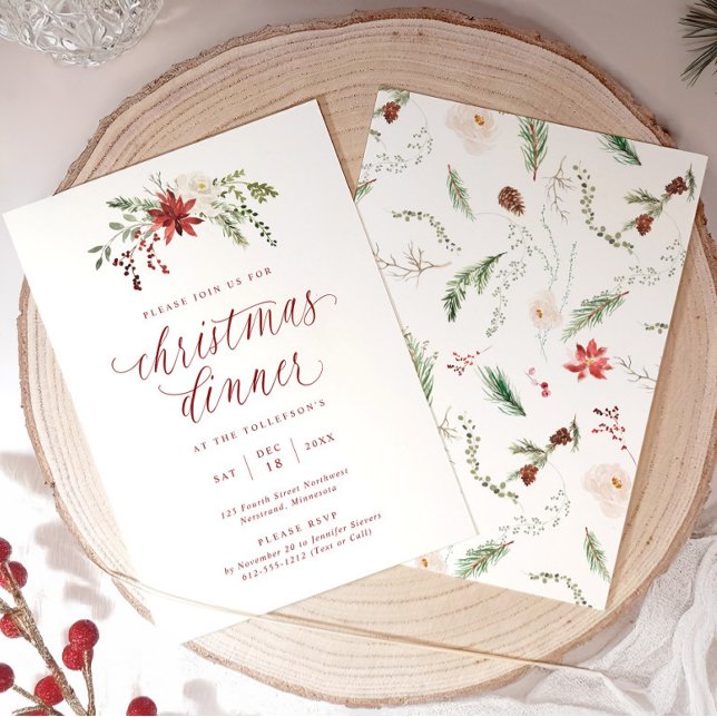 Wasserfarbene elegante Skript-Weihnachtsdinner Einladung (Elegant Christmas dinner invitation with watercolor greenery and calligraphy script.)