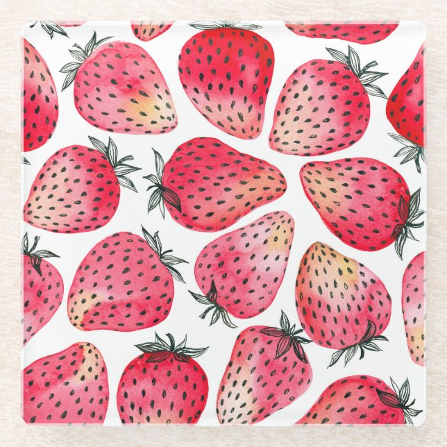 Wasserfarbene Erdbeeren Muster. Glasuntersetzer (Vorderseite)