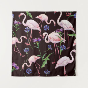 Wasserfarbene Flamingos und wilde Blumen Muster. Wandteppich