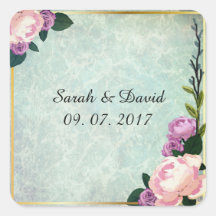 Wasserfarbene Florale Blau & Rosa Hochzeitsaufkleb