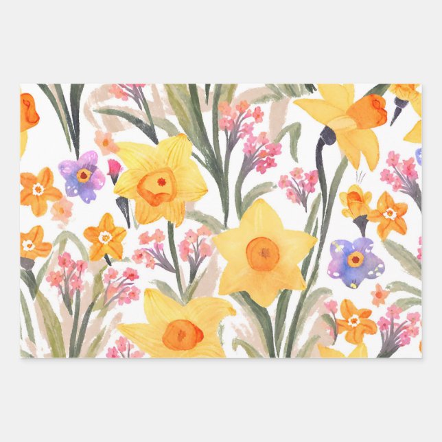 Wasserfarbene Frühlingsblumen Geschenkpapier Set (Vorderseite)