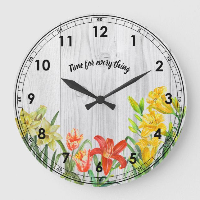 Wasserfarbene Frühlingsblumen Kunst, Dichtung und  Große Wanduhr (Vorderseite)