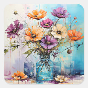 Wasserfarbene Frühlingsblumen Quadratischer Aufkleber