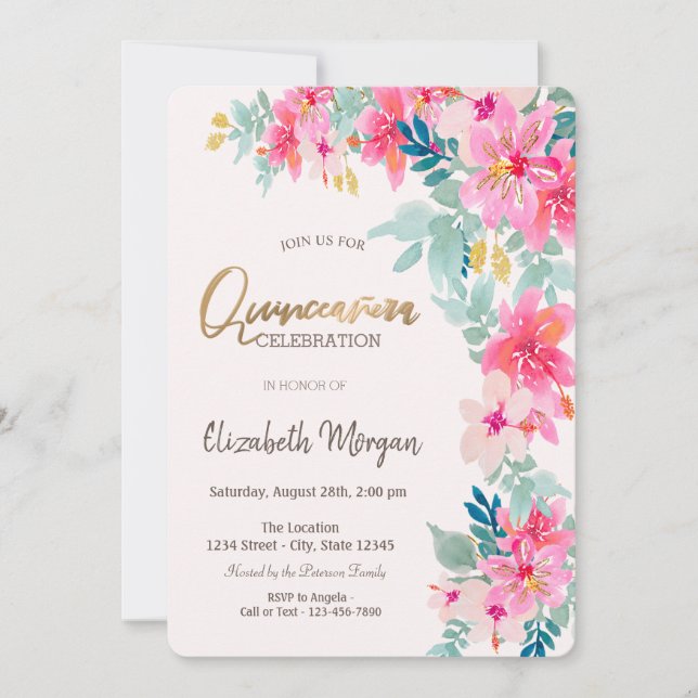 Wasserfarbene Frühlingsblumen Quinceñera Einladung (Vorderseite)