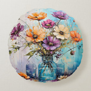 Wasserfarbene Frühlingsblumen Rundes Kissen