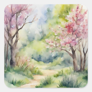 Wasserfarbene Frühlingslandschaft Quadratischer Aufkleber