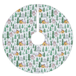 Wasserfarbene gemütliche Kabinen im Pinienwald Mus Polyester Weihnachtsbaumdecke