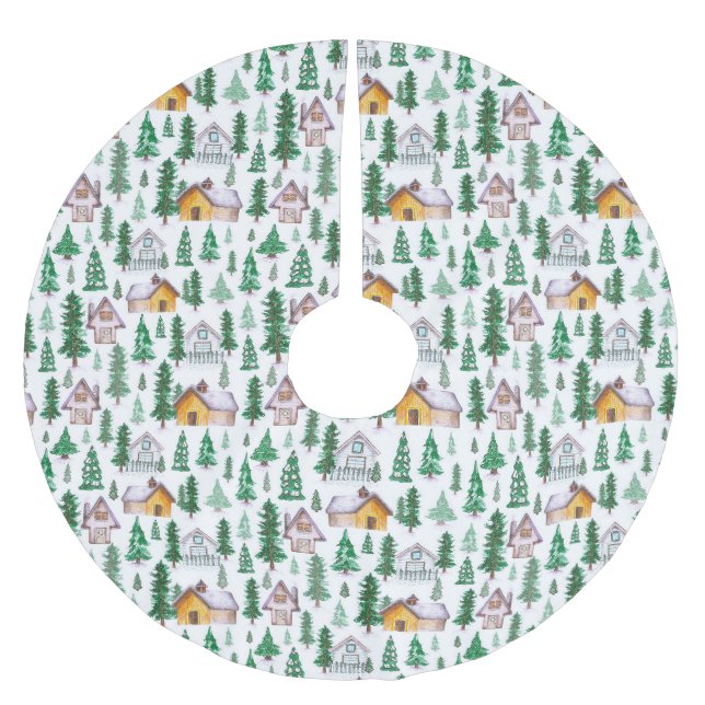 Wasserfarbene gemütliche Kabinen im Pinienwald Mus Polyester Weihnachtsbaumdecke (Vorderseite)