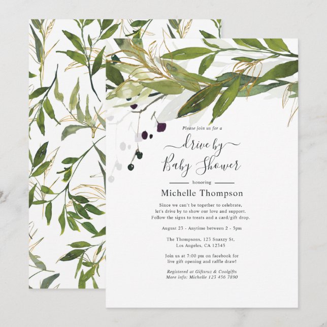 Wasserfarbene Grünanlage mit Bridal- oder Babydusc Einladung (Vorne/Hinten)