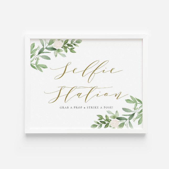 Wasserfarbene Grünanlagen Blume Selfie Station Poster (Watercolor Greenery and White Flowers Selfie Station Wedding Sign)
