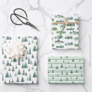 Wasserfarbene, grüne Bäume Waldmuster Geschenkpapier Set