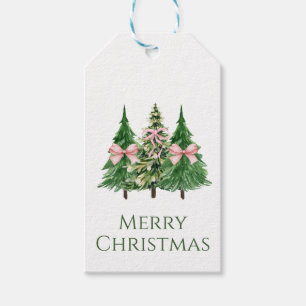 Wasserfarbene grüne Weihnachtsbäume mit rosa Schle Geschenkanhänger
