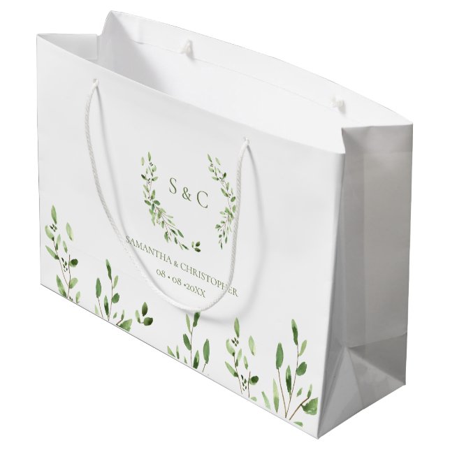 Wasserfarbene Grünkrone Monogramm-Hochzeit Große Geschenktüte (Rückseite Schrägansicht)