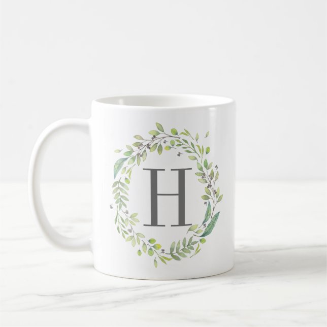 Wasserfarbene Grünkrone und Monogramm Kaffeetasse (Links)
