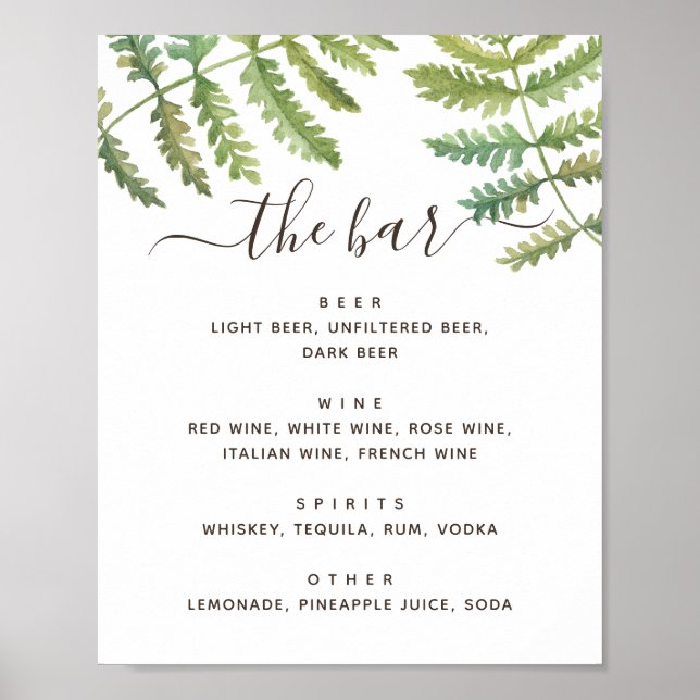 Wasserfarbene Grünpflanzen Hochzeitsgetränke Bar Poster (Vorne)