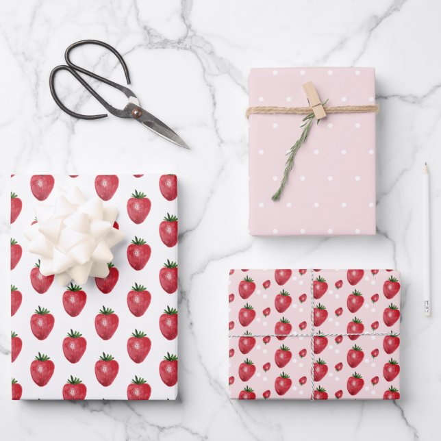 Wasserfarbene, handbemalte Erdbeeren Geschenkpapier Set (Vorderseite)