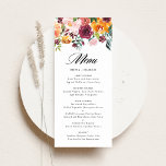 Wasserfarbene Herbstblüten Blütenhochzeit Menükarte<br><div class="desc">Fügen Sie Ihrem Event-Tablescape einen blühenden Akzent mit dieser anpassbaren Menükarte hinzu. Es zeigt Aquarellfarben Blume in Herbstfarben. Diese Karte eignet sich perfekt für Herbst- oder Herbsthochzeiten und andere Veranstaltungen. Matching-Elemente sind verfügbar.</div>