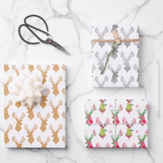 Wasserfarbene Hirschköpfe in verschiedenen Farben Geschenkpapier Set (Vorderseite)