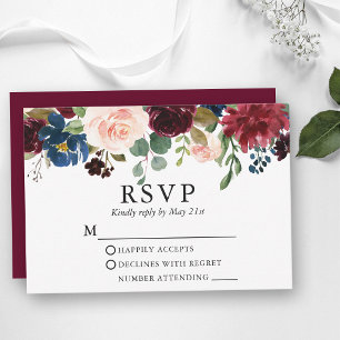 Wasserfarbene Hochzeit Burgund Blau Rosa Floral RS RSVP Karte