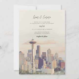Wasserfarbene Hochzeit in Seattle mit Skyline als Einladung