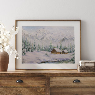Wasserfarbene Holzhäuser und Pinienbäume im Schnee Poster