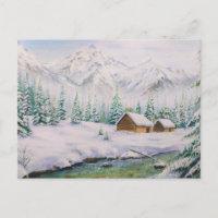 Wasserfarbene Holzhäuser und Pinienbäume im Schnee