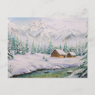 Wasserfarbene Holzhäuser und Pinienbäume im Schnee Postkarte
